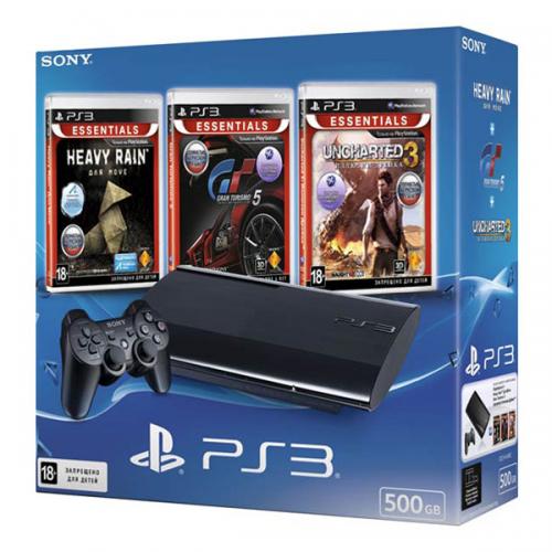 Playstation 3 Super Slim 500Gb черная с игрой «Heavy Rain» + «Gran Turismo 5» + «Uncharted 3» 