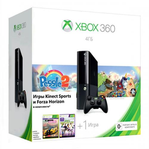 Xbox 360 4Gb E черный c игрой «Peggle 2» + «Forza Horizon» + «Kinect Sports»